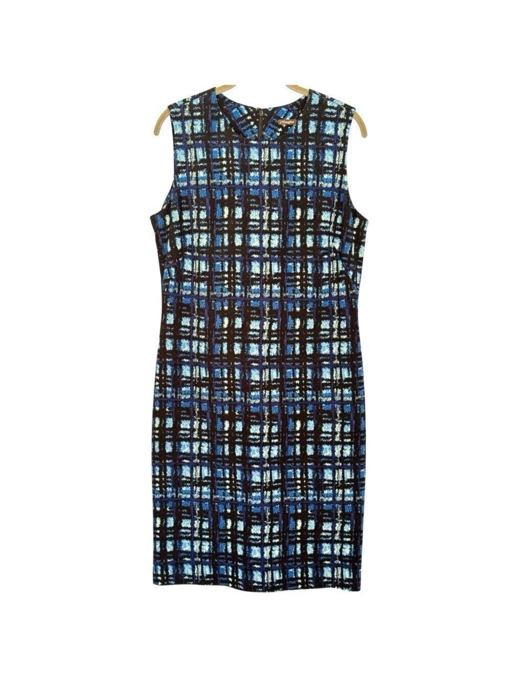J. McLaughlin Size L Blue Black Abstract Plaid Jersey Sheath Dress Sleeveless
